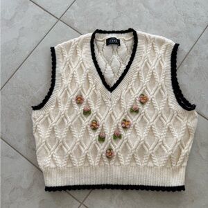 Cider Cream Knit Sweater Vest with Floral Embroidery